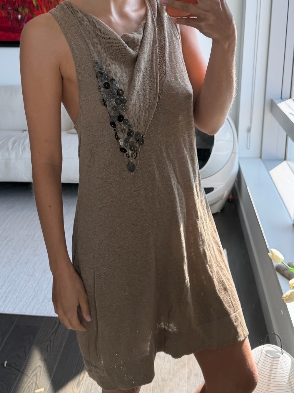 Laurie B. 100% Linen Embellished Twist Back Mini Dress Size Medium